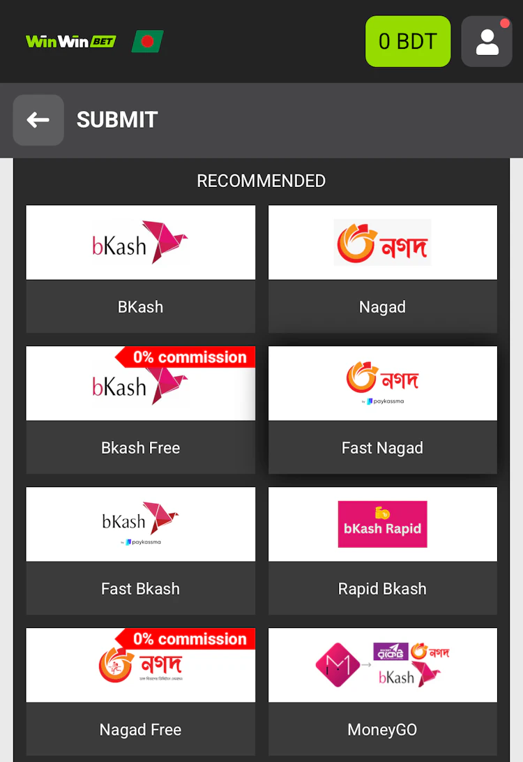 The recommended deposit methods at WinWin Bangladesh