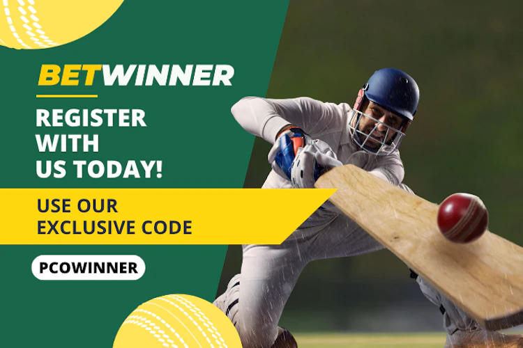  A cricket player in action. Text overlay Use our BetWinner promo code PCOWINNER