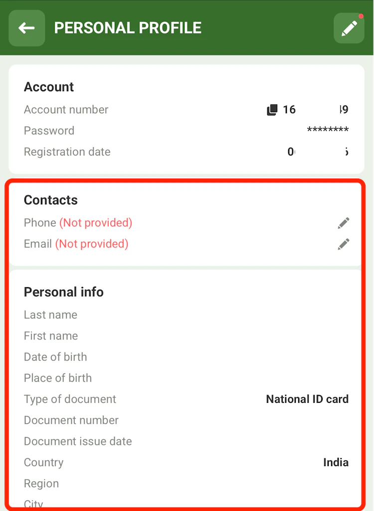  The Linebet India personal profile screen