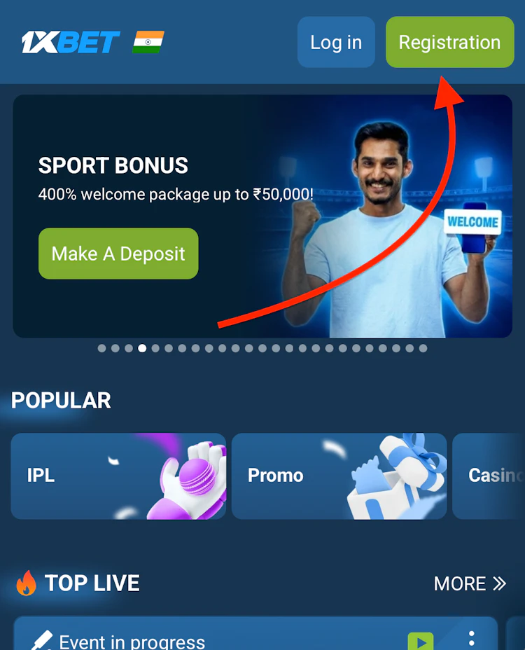  The 1xBet home page with the green Registration button