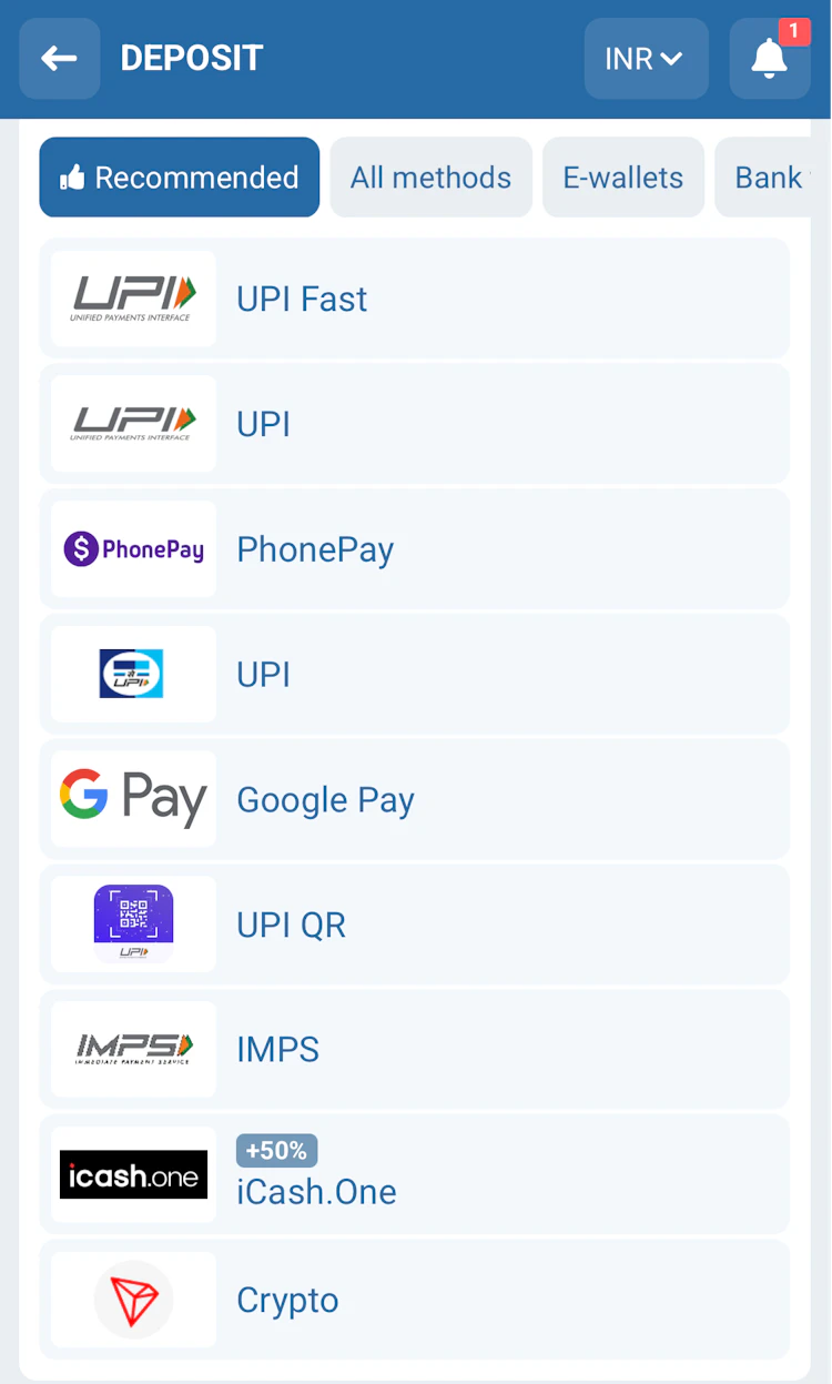  Popular India deposit methods at 1xBet, including UPI and Paytm