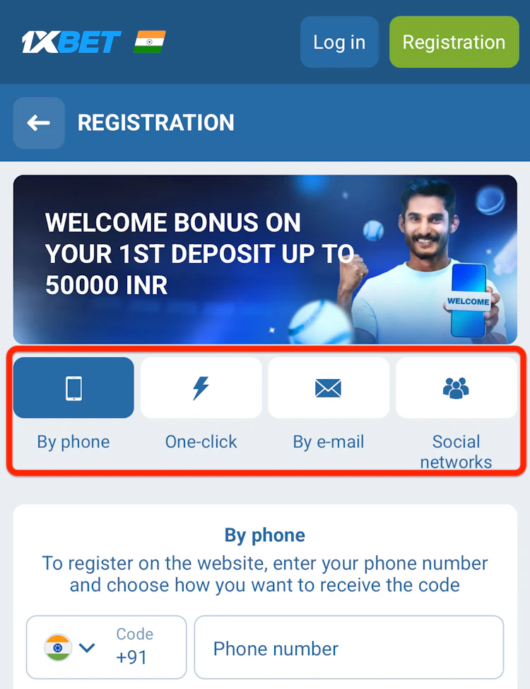  The four registration options at 1xBet