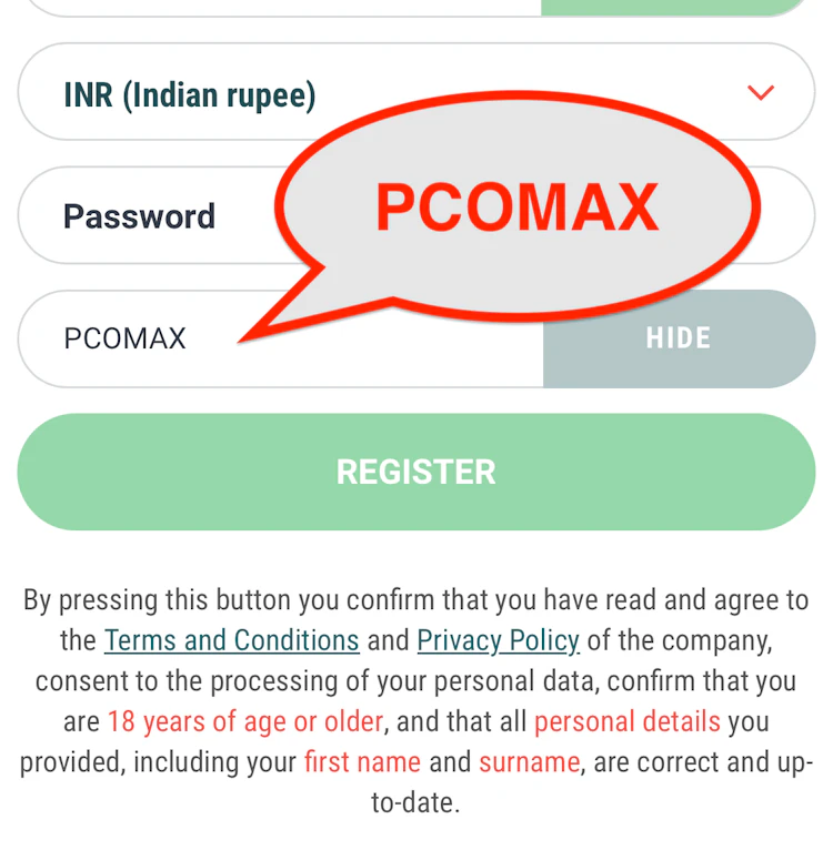  The 22Bet promo code PCOMAX entered in the promo code field