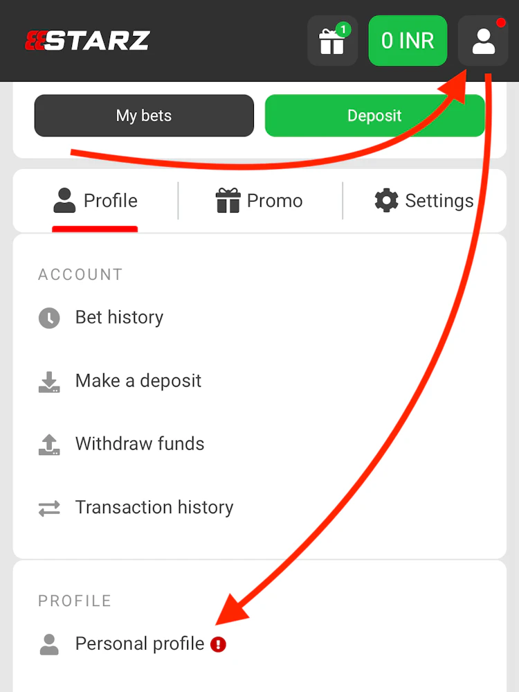 Arrows pointing at the account button and the personal profile menu