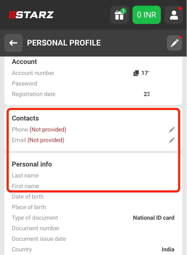 The 888starz personal profile page