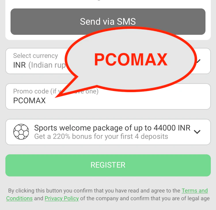 Entering the 888starz promo code PCOMAX during sign-up in India