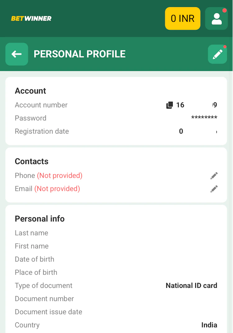  The personal profile section in your account at BetWinner India