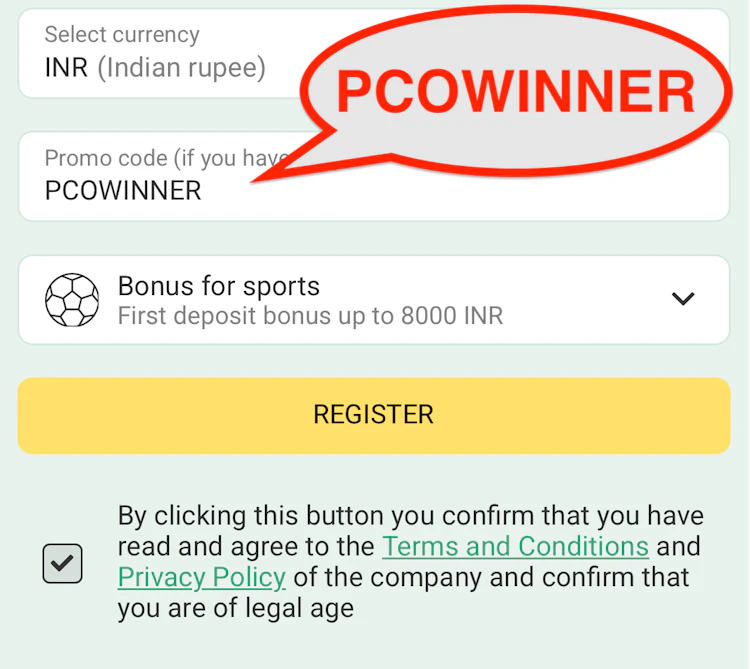  The BetWinner registration form with the BetWinner promo code PCOWINNER entered