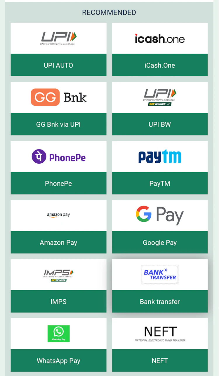  The BetWinner India recommended payment methods with logos