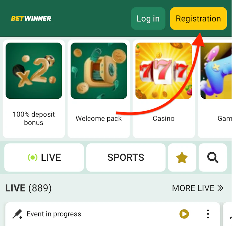  The BetWinner home page with arrow pointing to the registration button