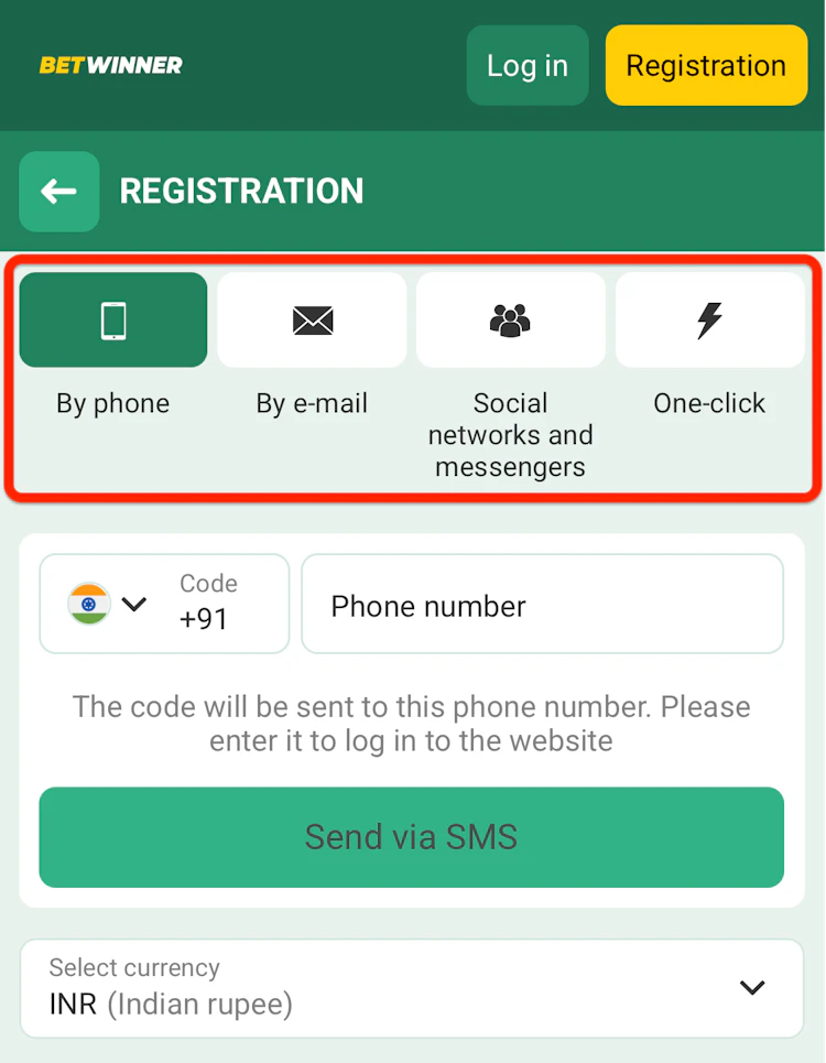  The BetWinner registration form with the four registration methods in a red box.