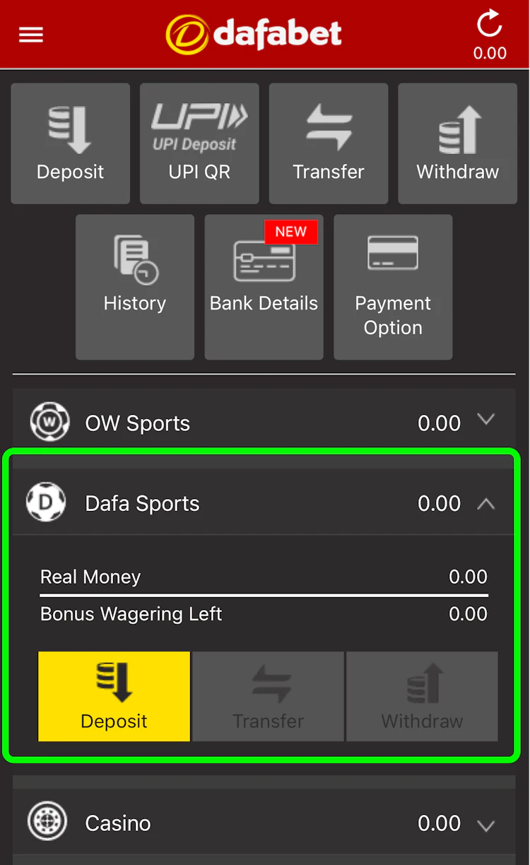 Your account at Dafabet with bonus balance shown