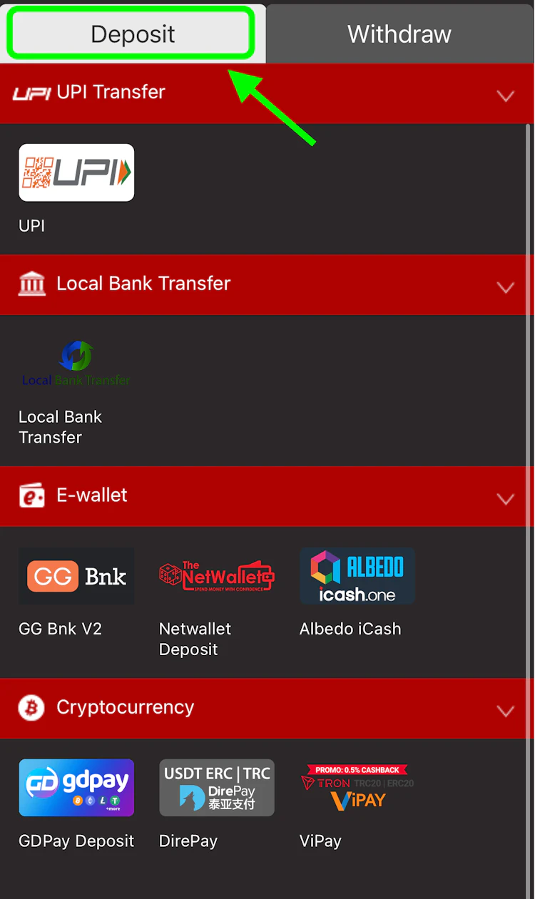 The Dafabet deposit methods for India shown as icons