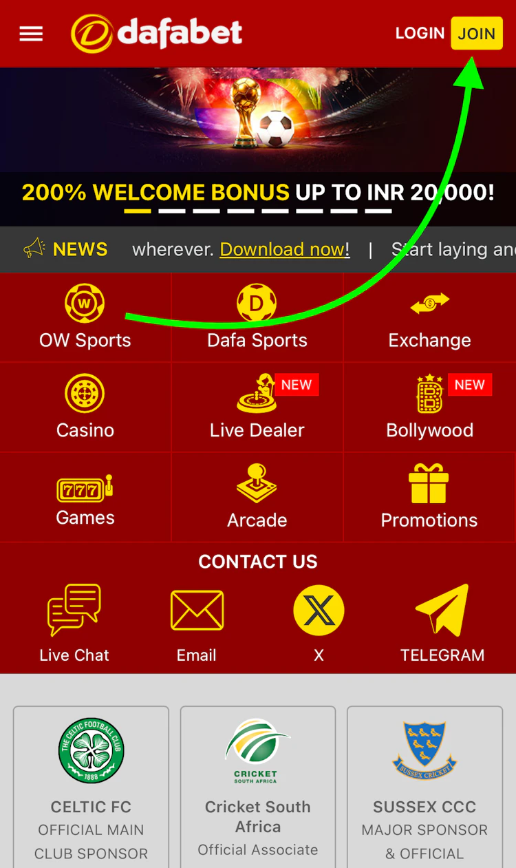 The Dafabet India home page with the registration button