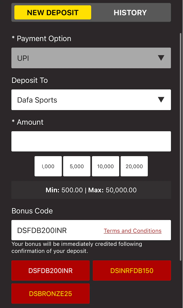 The Dafabet cashier with the bonus code DSFDB200INR selected