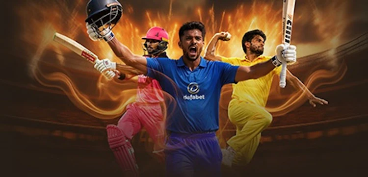 Cricket players in Dafabet jerseys in front of fireworks at a cricket stadium.