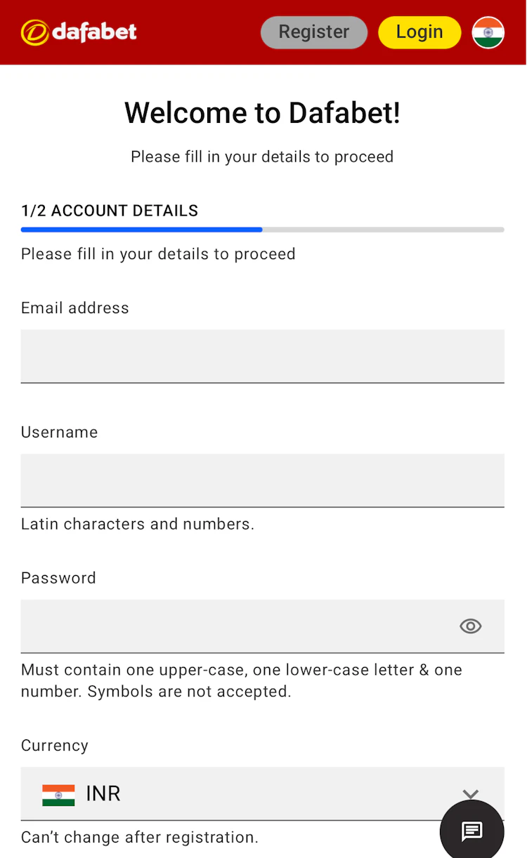 The Dafabet India registration form, page 1 of 2