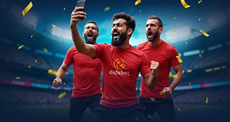 Happy people holding up a phone at a cricket stadium