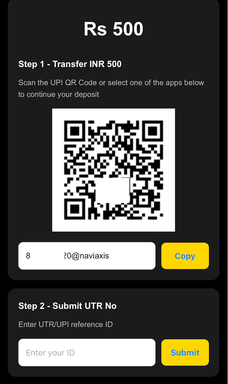 The UPI deposit form at Dafabet India