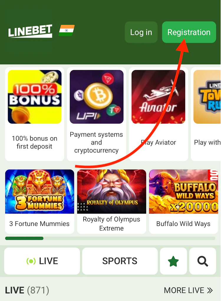  Linebet home page in India with arrow to registration button