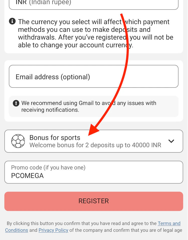  The Megapari registration form with arrow pointing at bonus selection 