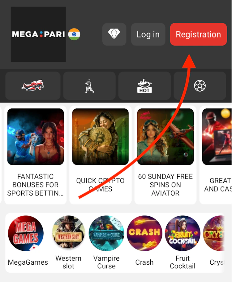  The Megapari home page with an arrow to the registration button