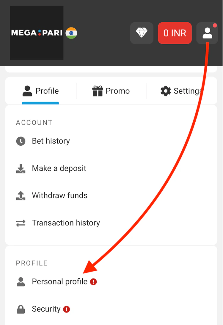  The Megapari account page with arrow to 'Personal profile'