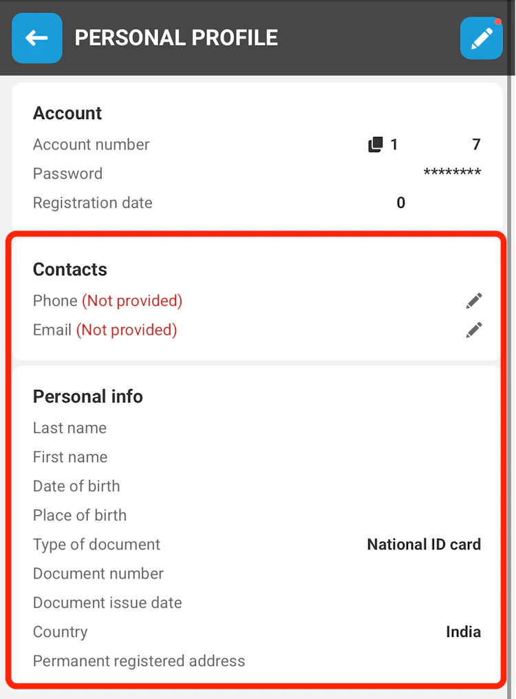  The Megapari account page with arrow to 'Personal profile'