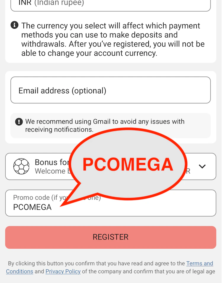  The Megapari promo code PCOMEGA entered in the registration form