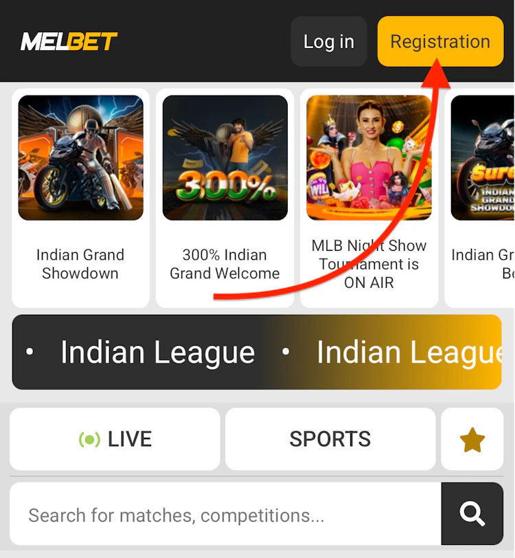  The Melbet home page with an arrow pointing at the Registration button