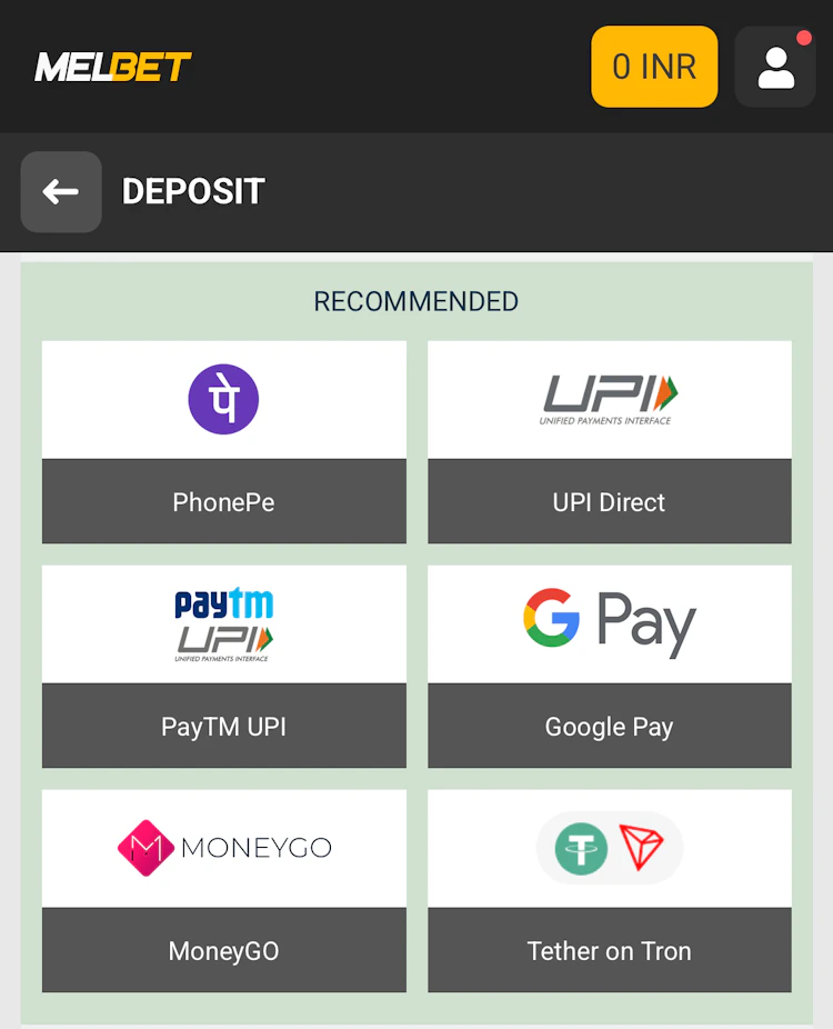 The 6 recommended deposit methods at Melbet India