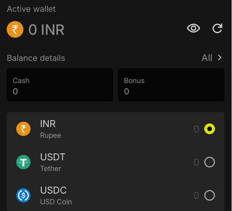 The three different wallets for Parimatch accounts