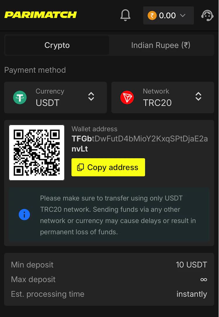 Parimatch deposit crypto page, showing USDT on TRC20