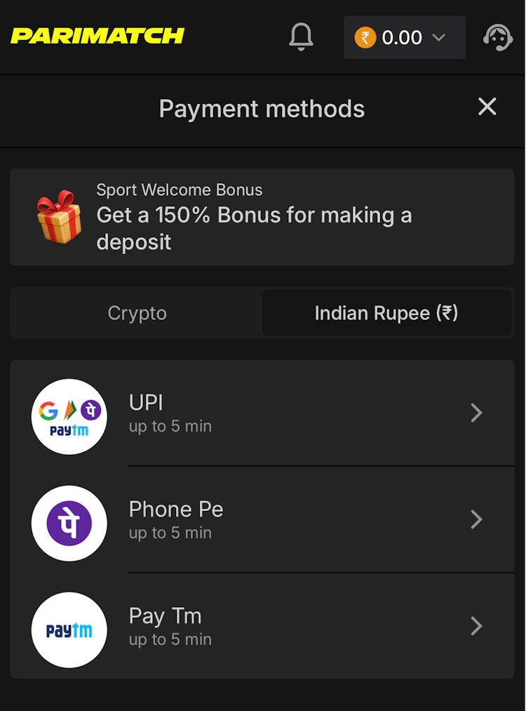 The Parimatch deposit methods for India shown as icons
