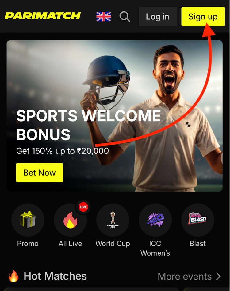 The Parimatch home page with arrow to Sign up button