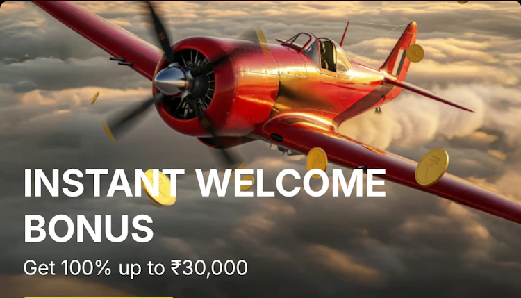 An airplane, coins and the text INSTANT WELCOME BONUS