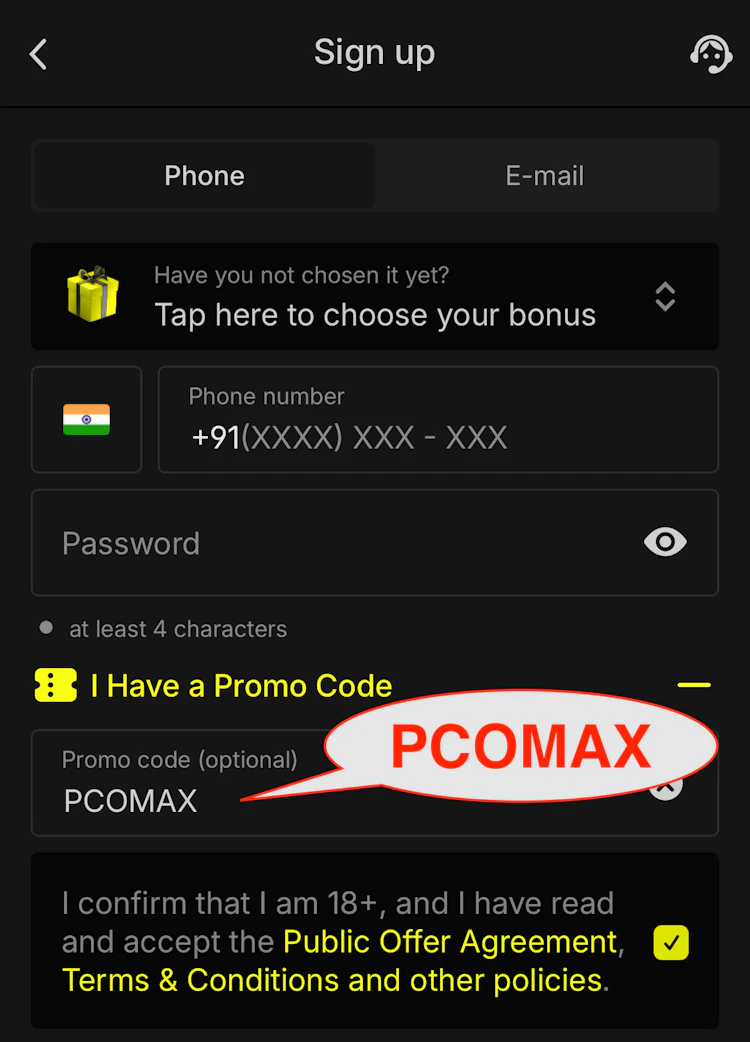 The Parimatch promo code entered in the sign-up form.