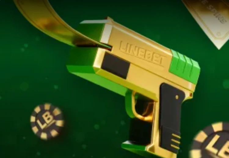 Screenshot of Linebet's image for their casino bonus, a toy gun shooting casino tickets