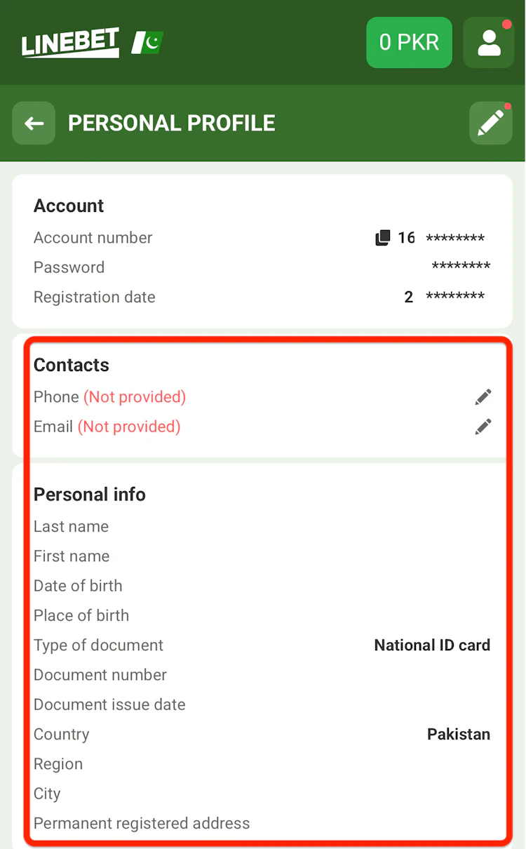 Screenshot of Linebets personal profile account page