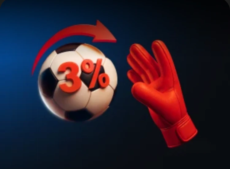 A football with 3% and a glove in Megapari colours
