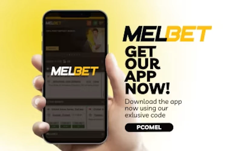 Melbet app banner with promo code PCOMEL