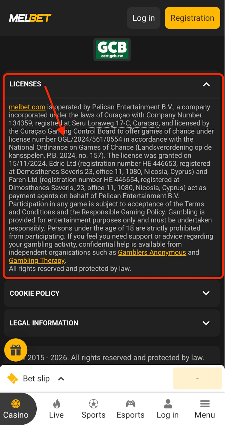 The bottom of Melbet's site, showing their licence information