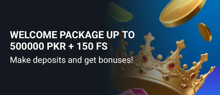  A crown and text stating the 1xBet casino welcome bonus for Pakistan