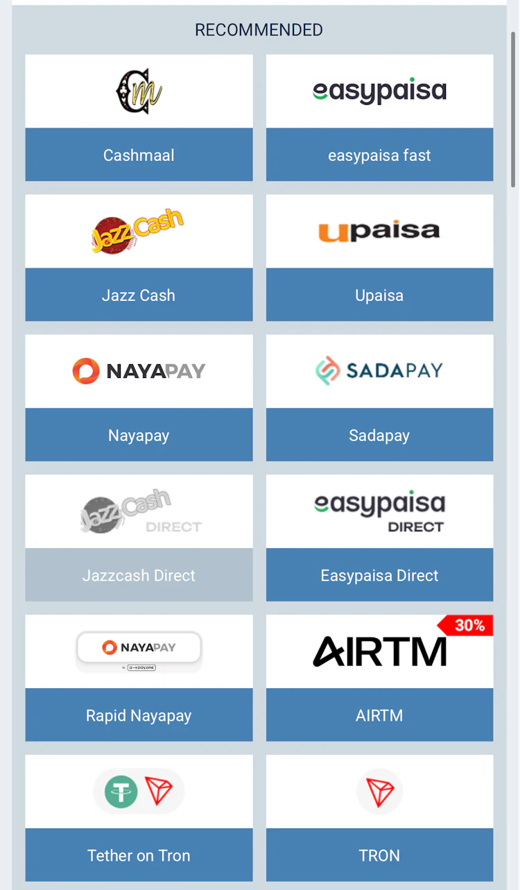  A list of recommended 1xBet deposit methods in Pakistan, with icons