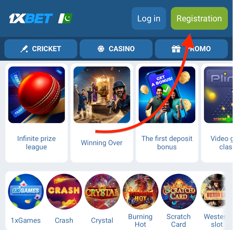  The 1xBet home page with the promo code registration button