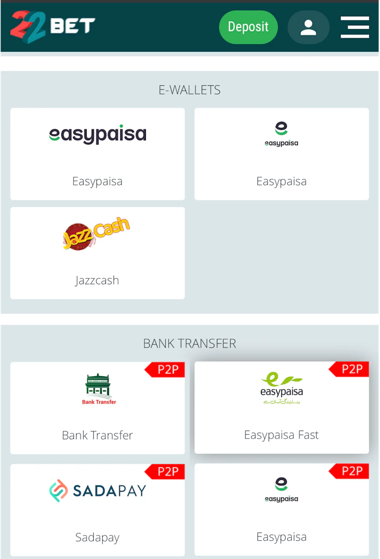  Payment methods at 22Bet, e-wallets and bank transfers listed with icons.