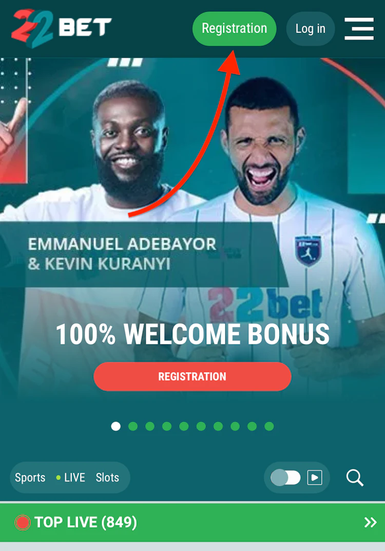  The 22Bet home page with the 22Bet promo code registration button