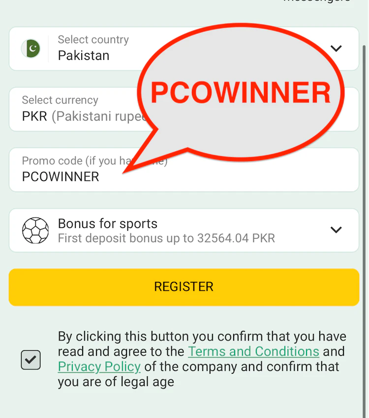 The BetWinner promo code field with PCOWINNER
