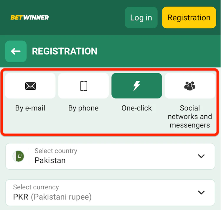  The buttons for the four registration methods at BetWinner