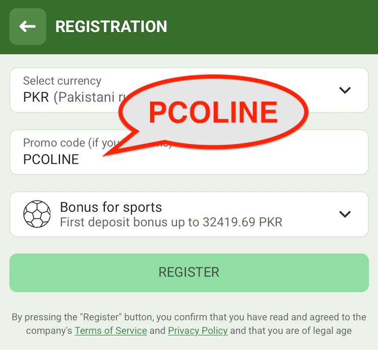 Screenshot of the Linebet promo code PCOLINE entered